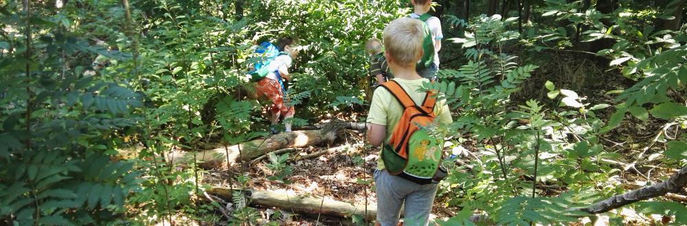 Kind mit Rucksack im Wald