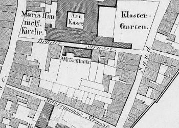Ausschnitt aus dem Stadtplan von 1837 mit Hohem Haus, Haltkinderhaus und Waisenhaus