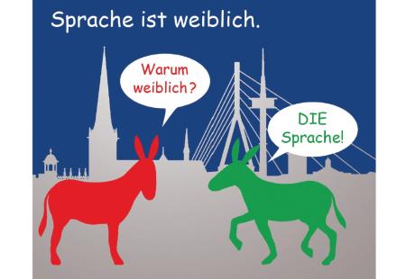 Sprache ist weiblich - Karikatur: Zu sehen sind zwei Esel, die sich austauschen. 