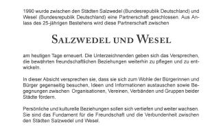 Urkunde zum 25. Jahrestag der Städtepartnerschaft zwischen Wesel und Salzwedel (2015)