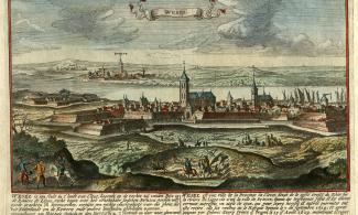 Wesel um 1672, im Hintergrund Büderich und Rheinberg. Radierung von Jan Peeters und Gaspar Bouttats