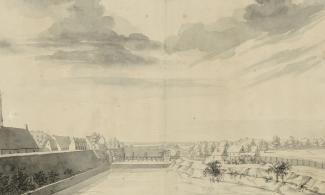 Stadtansicht Wesels, Mitte des 17. Jahrhunderts, unbekannter Künstler, Blick vom Flesgentor auf das Steintor (hinter der Brücke die Bastion), rechts die Steinweg Vorstand, links zu erkennen sind das Fraterhaus, dahinter das Herzogsschloss und rechts daneben die Johanniterkomturei 