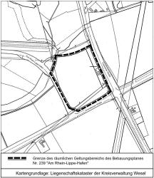 Geltungsbereich im Plan markiert Karte mit markiertem Geltungsbereich des Bebauungsplans Nr. 239