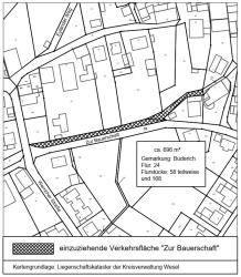 Lageplan zu den geplanten einzuziehenden Teilstücken der Straße Zur Bauerschaft