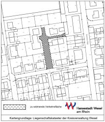 Lageplan mit markierter Fläche, die öffentlich gewidmet wird Lageplan zur Widmung der öffentlichen Verkehrsfläche Elbinger Weg